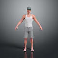 Man Wearing White Tank Top Gray Shorts And Cap Standing In Gray Background