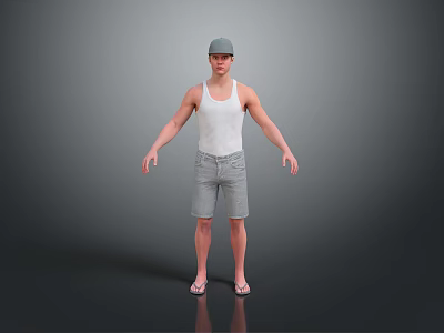 Man Wearing White Tank Top Gray Shorts And Cap Standing In Gray Background 3d model Man Wearing White Tank Top Gray Shorts And Cap Standing In Gray Background 3d model