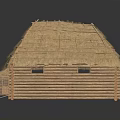 Traditional Wooden Cabin With Thatch Roof Small Windows And Wooden Walls