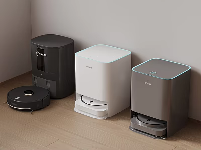 Smart Trash Cans In Black White Gray And Robot Vacuum For Home Cleaning 3d model