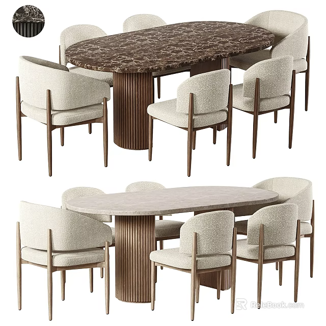 Modern Upholstered Dining Chairs With Wooden Legs And Oval Marble Tabletop 3d model 