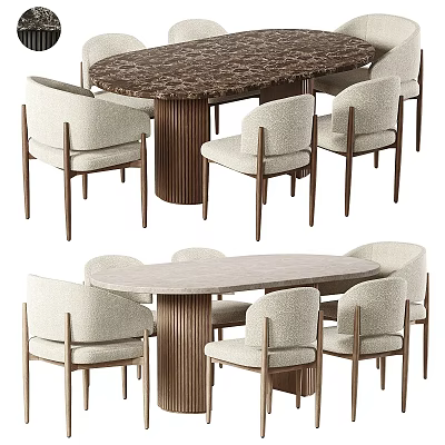 Modern Upholstered Dining Chairs With Wooden Legs And Oval Marble Tabletop 3d model
