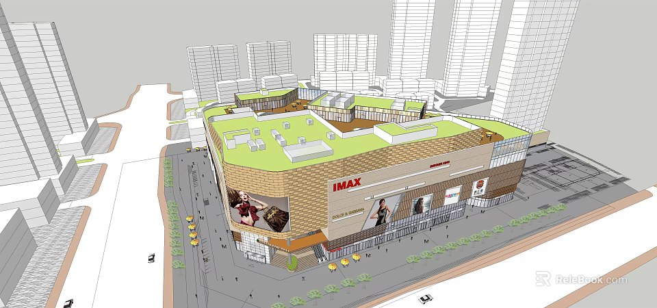 Modern Commercial Complex With IMAX Theater Green Roof And Surrounding High Rise Buildings 3d model 