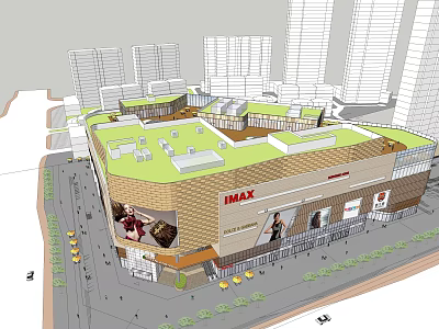 Modern Commercial Complex With IMAX Theater Green Roof And Surrounding High Rise Buildings 3d model