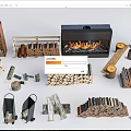 Stone Wood Fireplace Setup With Stacked Logs Axe And Log Cart Tools 3d model