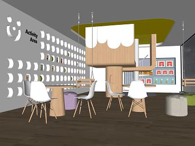 School Accessibility Learning Space With White Chairs Wooden Tables Wall Decorations And Hanging Structures 3d model