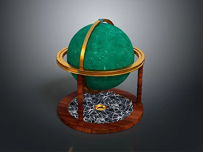 Green Sphere Decor With Golden Ring Stand And Wooden Marble Textured Base 3d model