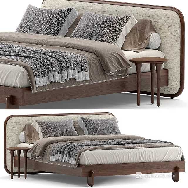 Modern Double Bed With Wooden Frame Gray Bedding And Side Nightstand 3d model 