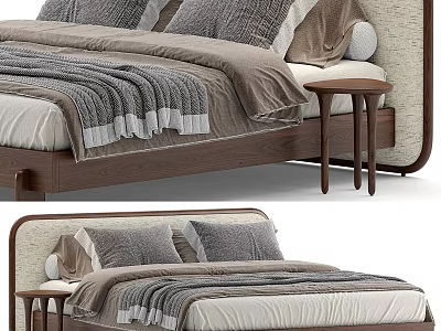 Modern Double Bed With Wooden Frame Gray Bedding And Side Nightstand 3d model
