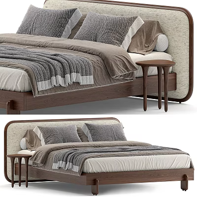 Modern Double Bed With Wooden Frame Gray Bedding And Side Nightstand 3d model