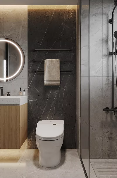 Modern Sleek Grey Bathroom Interior With Smart Toilet LED Round Mirror Wooden Vanity And Glass Shower 3d model