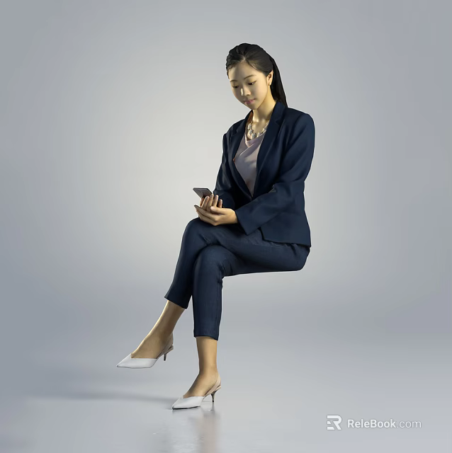 Woman In Dark Blue Suit Sitting And Holding Smartphone On Gray Background 3d model 
