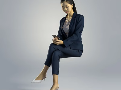 Woman In Dark Blue Suit Sitting And Holding Smartphone On Gray Background 3d model