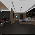 Modern Hotel Room With Comfortable Bed Sofa Wooden Table Green Plant And City Night Mural