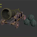 Vintage Old Style Cannon With Wooden Wheels And Three Cannonballs