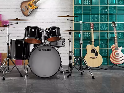 Musical Instruments Collection Including Yamaha Drum Set Acoustic Electric Guitars And Bass On Teal Grid Wall 3d model