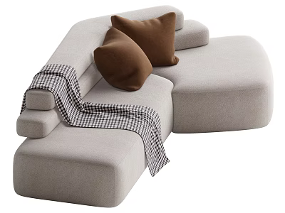 Modern Light Gray Sectional Sofa With Brown Pillows And Plaid Blanket 3d model