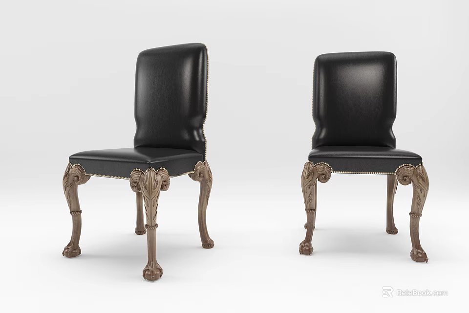 Elegant Black Leather Dining Chairs With Intricate Carved Gold Legs Classic Design 3d model 