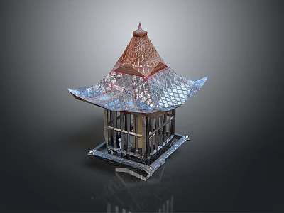 Pagoda Shaped Candle Lamp With Intricate Lattice Design And Glass Panels 3d model