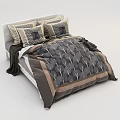 Modern Double Bed With White Frame Leaf Pattern Quilt Decorative Pillows And Folded Blanket 3d model