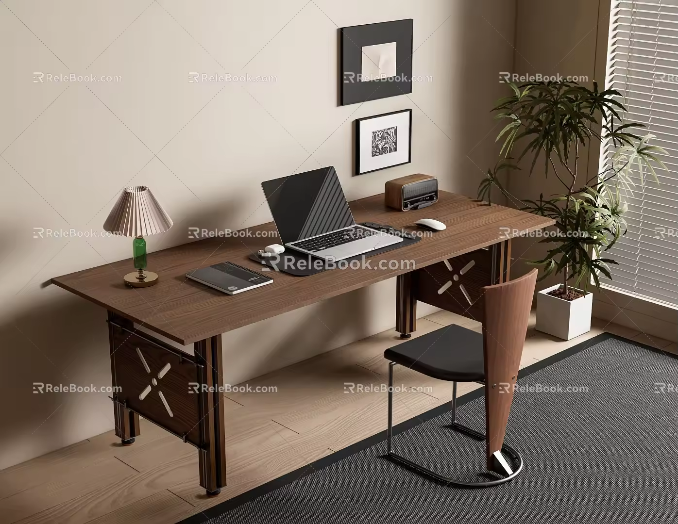 Middle-ancient style desk and chair combination desk computer desk writing desk dining chair potted computer 3d model