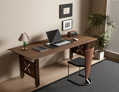 Modern Wooden Desk With Chair Set Laptop Table Lamp And Potted Plant In Room 3d model