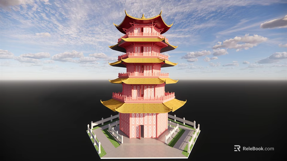 Five Story Traditional Chinese Pagoda Pink And Yellow With White Fence And Blue Sky Background 3d model 