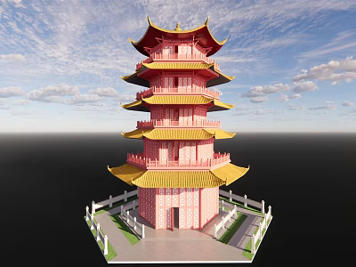 Five Story Traditional Chinese Pagoda Pink And Yellow With White Fence And Blue Sky Background 3d model