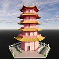 Five Story Traditional Chinese Pagoda Pink And Yellow With White Fence And Blue Sky Background