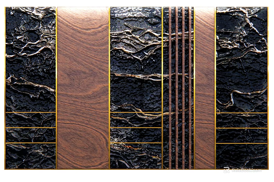 Elegant Floor Design Featuring Walnut Black Marble And Golden Metal Stripes Pattern 3d model 