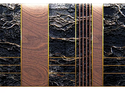 Elegant Floor Design Featuring Walnut Black Marble And Golden Metal Stripes Pattern 3d model