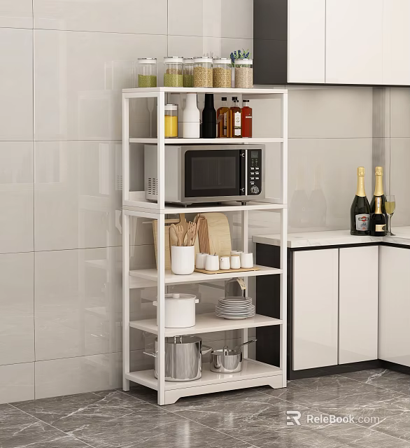 White Multi Tiered Kitchen Storage Shelf Holding Microwave Bowls Plates Pots Jars for Kitchen Organization 3d model 