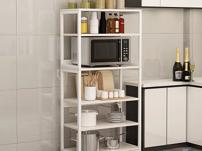 White Multi Tiered Kitchen Storage Shelf Holding Microwave Bowls Plates Pots Jars for Kitchen Organization 3d model
