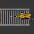 Game and Movie Character Yellow Robotic Arm on Platform with Metal Railings