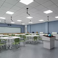 School Classroom Interior With White Round Tables Green Chairs Blackboard Display Screen Windows And Curtains