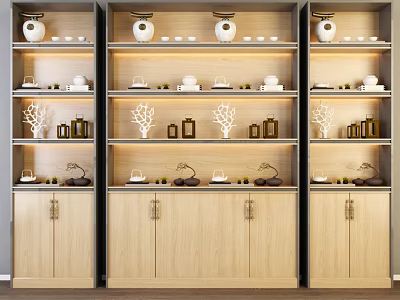 Modern Minimalist Wooden Display Cabinet With Multiple Shelves Coral Decorations Vases Tea Sets And Lighting 3d model