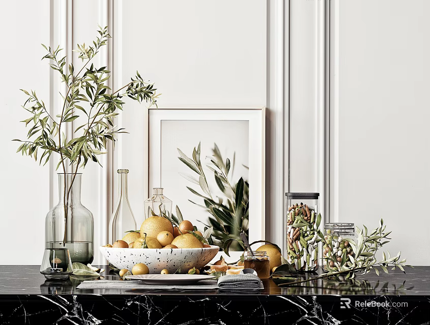 Elegant Decorative Ornament Set With Olive Branches Oranges Glass Vases Picture Frame On Marble Countertop 3d model 
