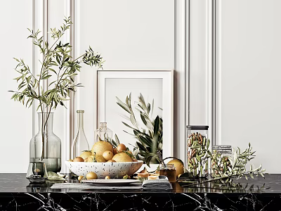 Elegant Decorative Ornament Set With Olive Branches Oranges Glass Vases Picture Frame On Marble Countertop 3d model
