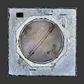Old Rusty Manhole Cover On Mossy Square Stone Base With Cracked Edges 3d model