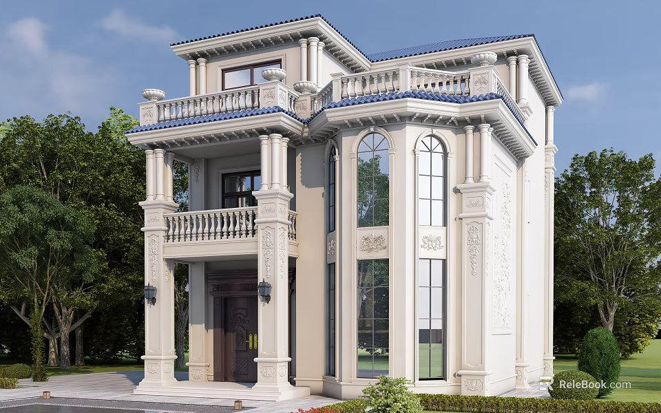 European Style Detached Villa With Blue Roof Balcony Carved Decorations And Large Windows 3d model 