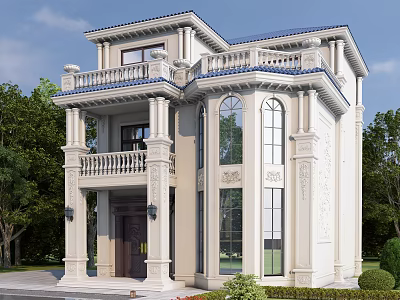 European Style Detached Villa With Blue Roof Balcony Carved Decorations And Large Windows 3d model