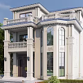 European Style Detached Villa With Blue Roof Balcony Carved Decorations And Large Windows