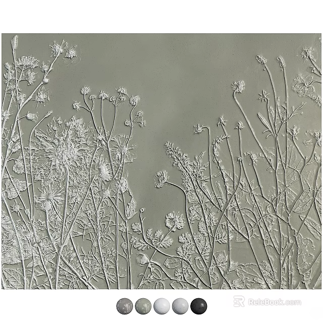 Wall Decor with White Plant Pattern on Gray Background Featuring Branches and Flowers Texture 3d model 