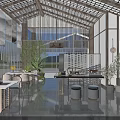 Modern Restaurant Interior With Large Windows Wooden Lattice Indoor Plants And Dining Tables