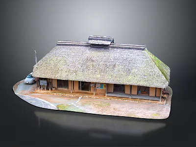 Detailed Traditional Thatched Roof Building Model with Car on Scenic Base 3d model