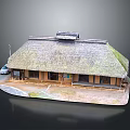 Detailed Traditional Thatched Roof Building Model with Car on Scenic Base