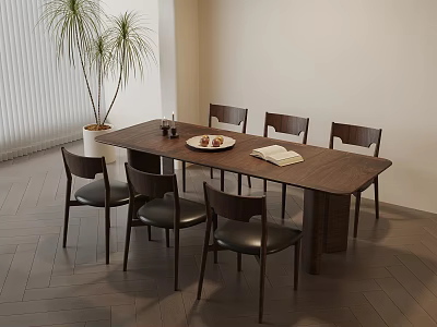 Dining Room Setup With Long Wooden Table Six Black Chairs And Potted Plant 3d model
