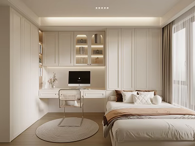 Modern Tatami Bedroom Interior With Tatami Bed Writing Desk And White Storage Cabinets 3d model