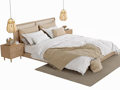 Cozy Double Bed with Wooden Woven Headboard White Beige Bedding Nightstands Pendant Lights and Rug 3d model