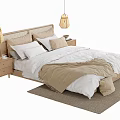 Cozy Double Bed with Wooden Woven Headboard White Beige Bedding Nightstands Pendant Lights and Rug